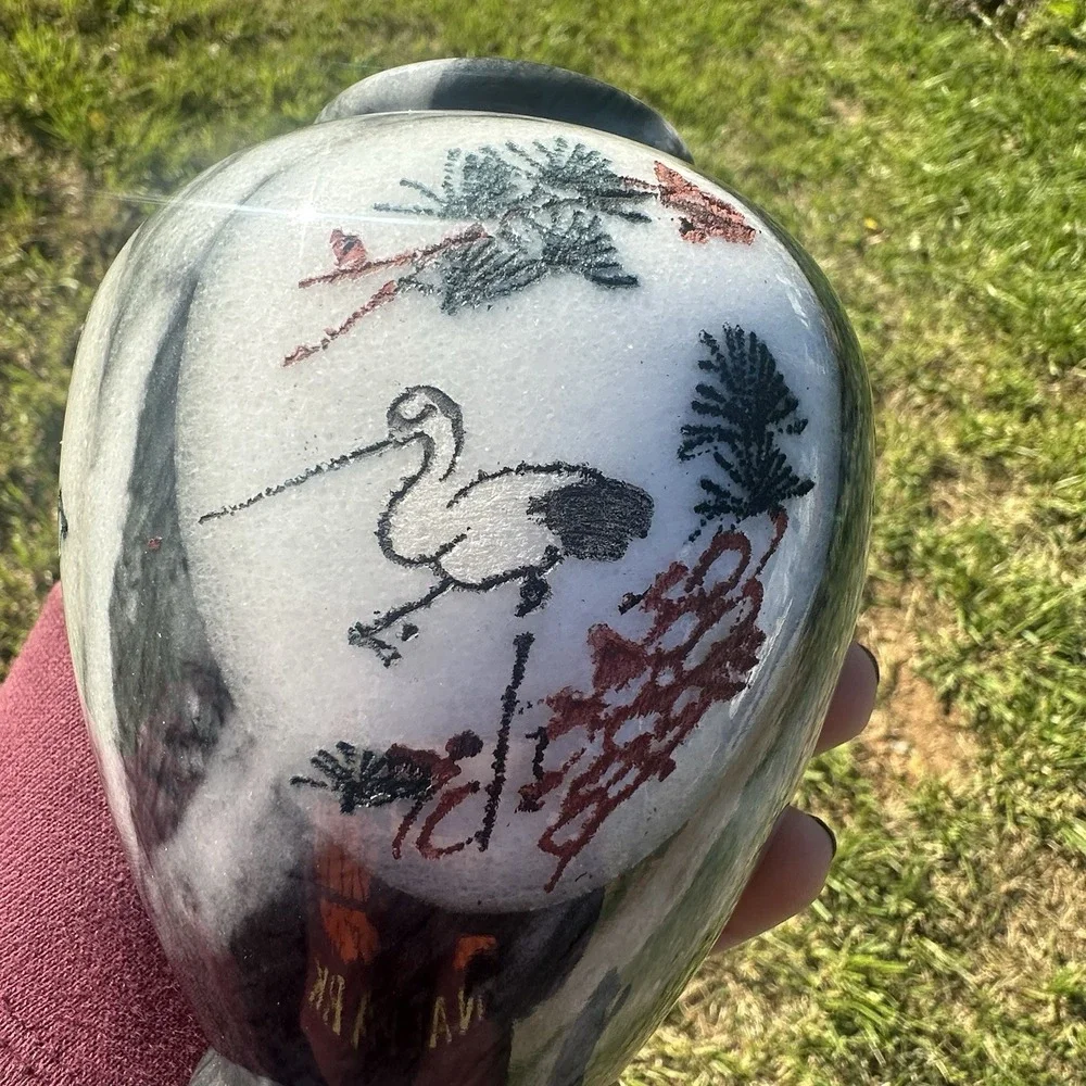 Vintage Chinese Marble Stone Carved Painted Landscape Crane Artwork Flowers Vase